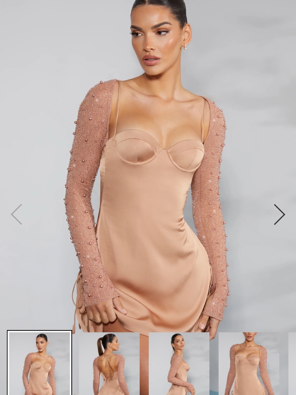 Oh Polly Blush Peach Satin Mini Dress with Embellished Sheer Sleeves
